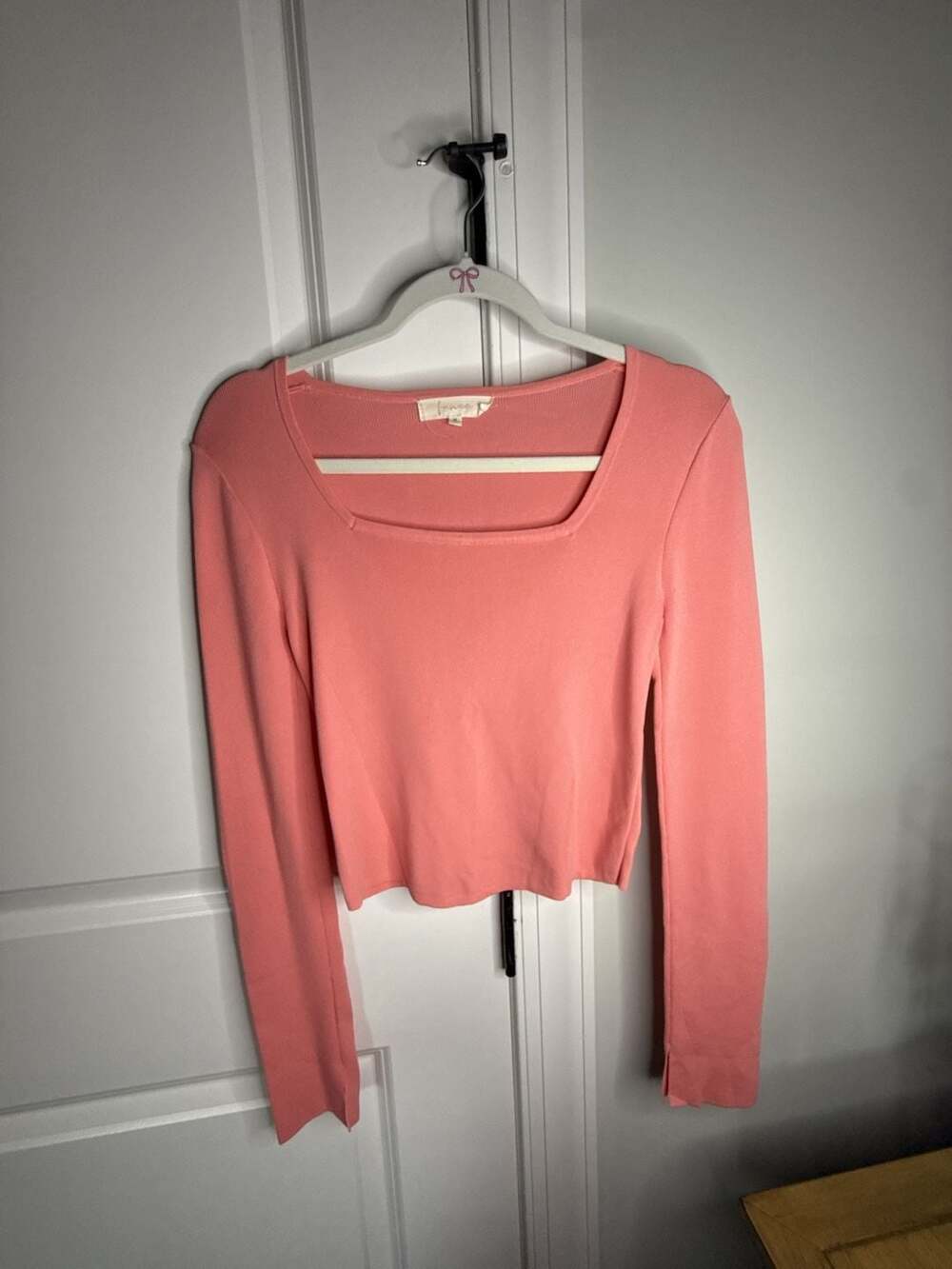 fanco Pink Long Sleeve Square Neck Cropped Top
